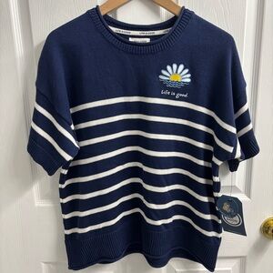 Life Is Good Sweater Womens XL Navy Blue Nautical Knit Striped Daisy Embroidered